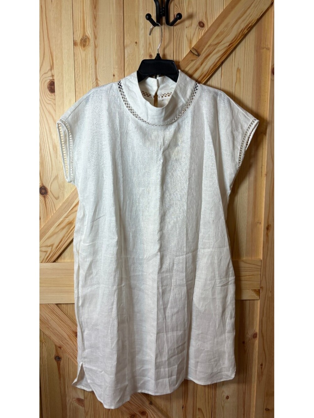 LINTICO White Linen Dress with Crochet Trim Detail Cap Sleeve Size L NWT